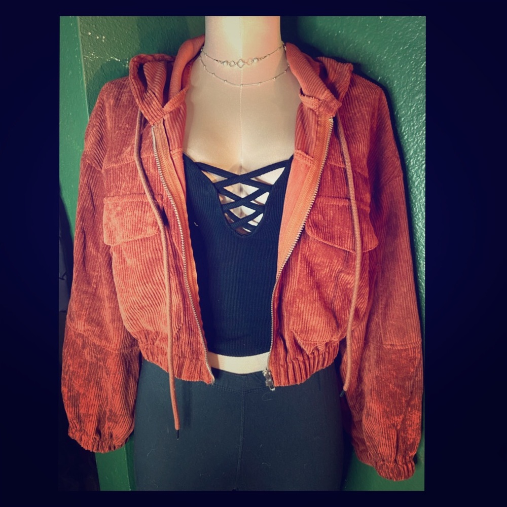 SHEIN Corduroy Flap Pocket Drawstring Crop Jacket